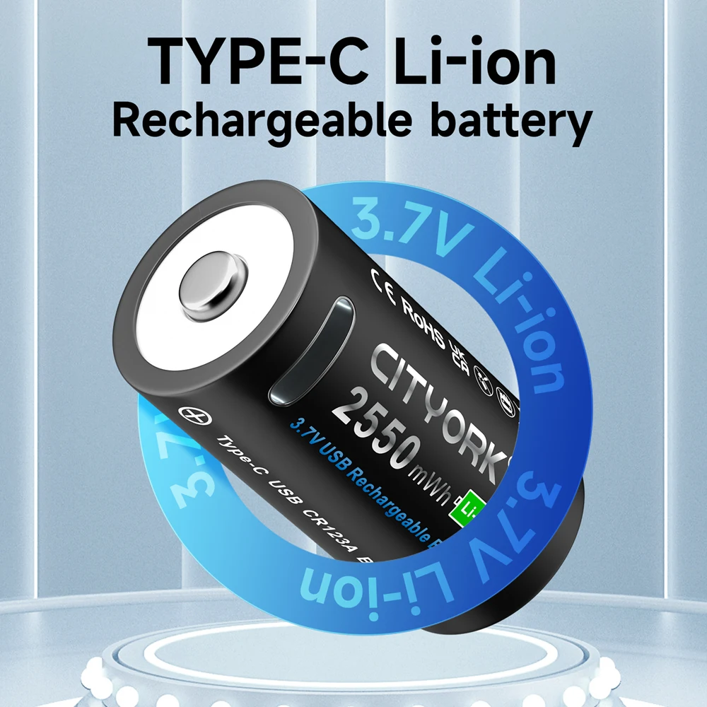 CITYORK CR123A Battery 2550mWh 3.7V Rechargeable Li-ion 16340 Batteries For LED Flashlight 16350 RCR123 Battery+USB Type-c Cable