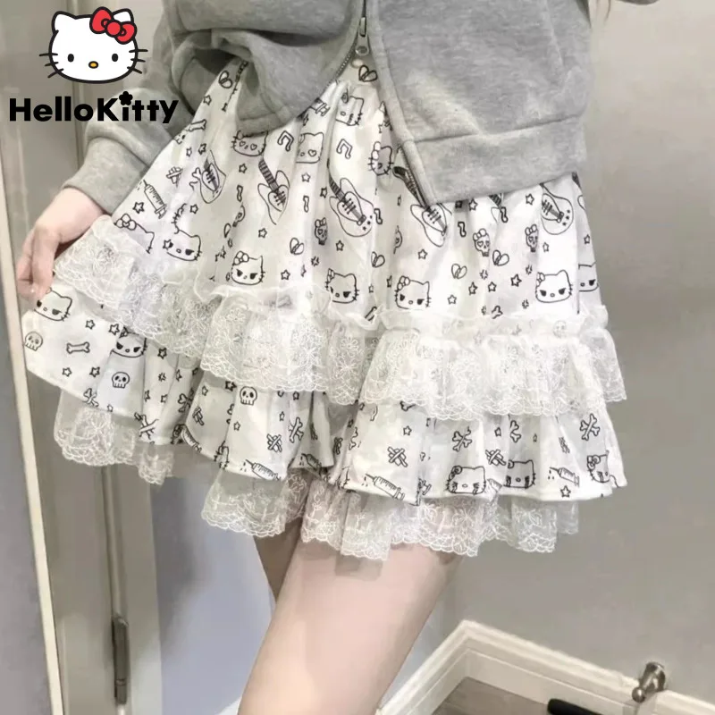 Sanurgente Hello Kitty-Jupe courte en dentelle pour femme, style subculturel, jupes douces esthétiques, demi-jupe Y2K, vêtements vintage, fille épicée