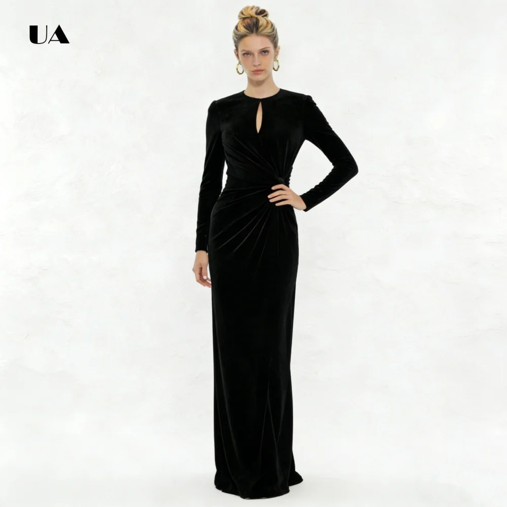 ULBYANRY 벨벳 스트레이트 프롬 드레스(긴 소매 포함), 솔리드 O넥 컷아웃 이브닝 드레스, 슬릿 러치드 맞춤형 파티 가운
