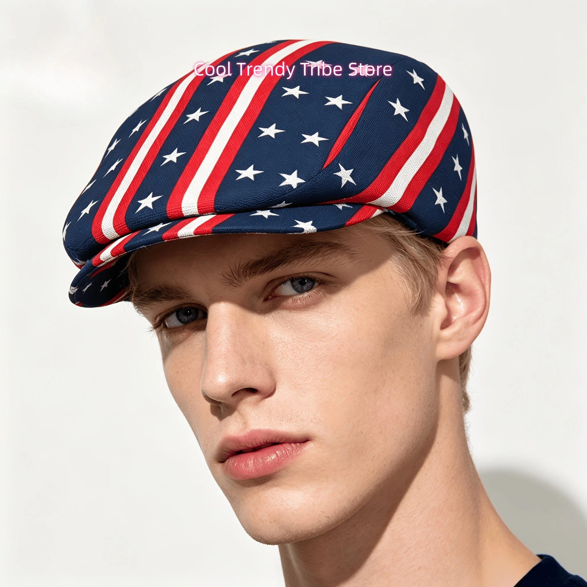 Red White Blue Star Stripe Flag All-over Print Flat-top Hats for Men and Women, Newsboy Caps, Berets, Irish Hats, Driver Caps, R