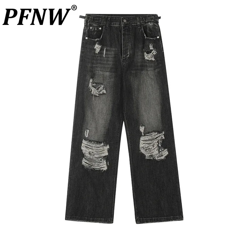 

PFNW Worn-out Beggar Men's Jeans High Street Trendy Washed Straight Trousers Loose Wide Leg Denim Pants Summer Tide 2024 28W3512