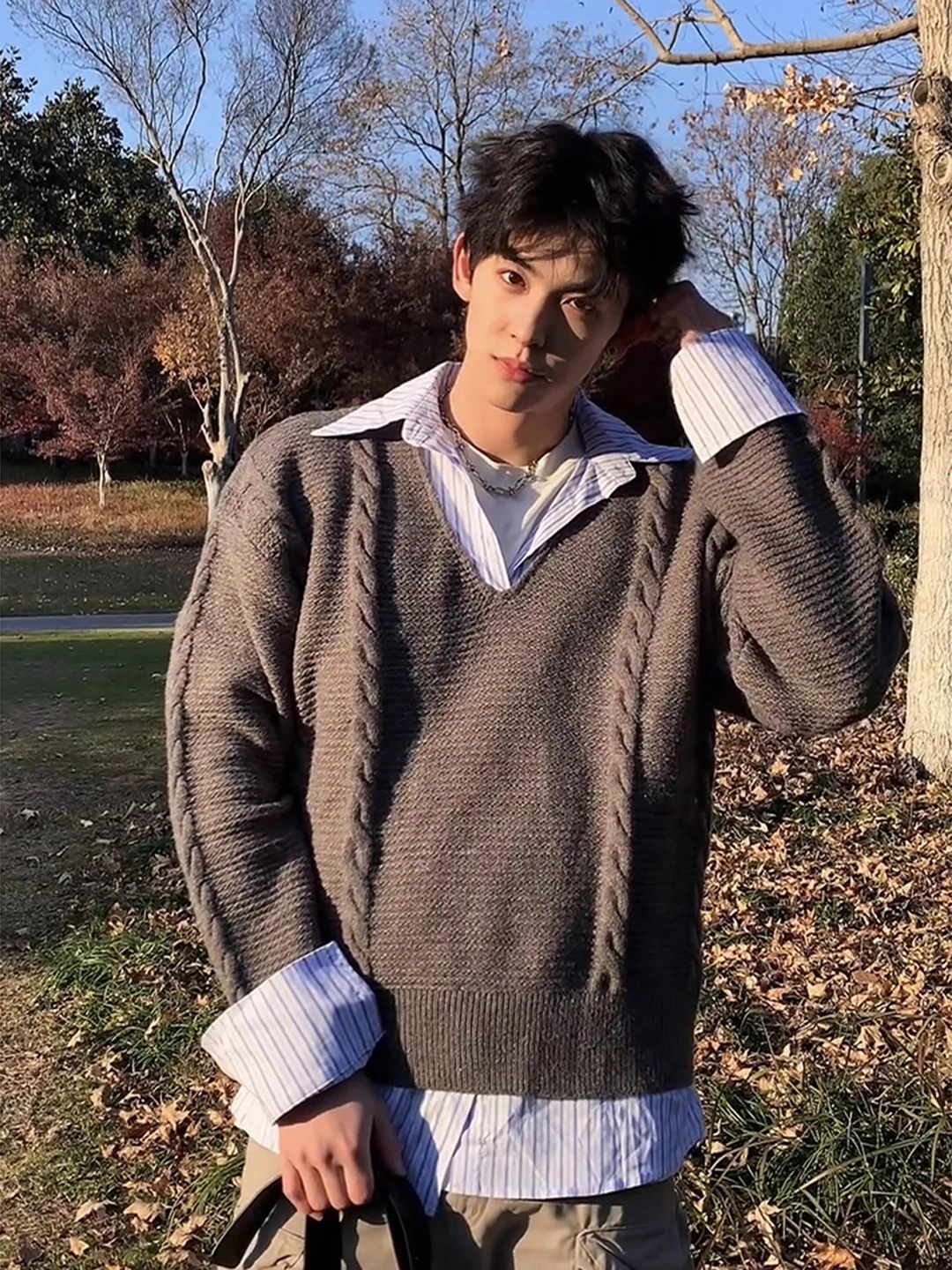 

Miu Sle Men's Knitted irt Collar Sweater Lazy Inner Wear Base Layer American Sle Loose Fit Long Sve Stripe Pattern