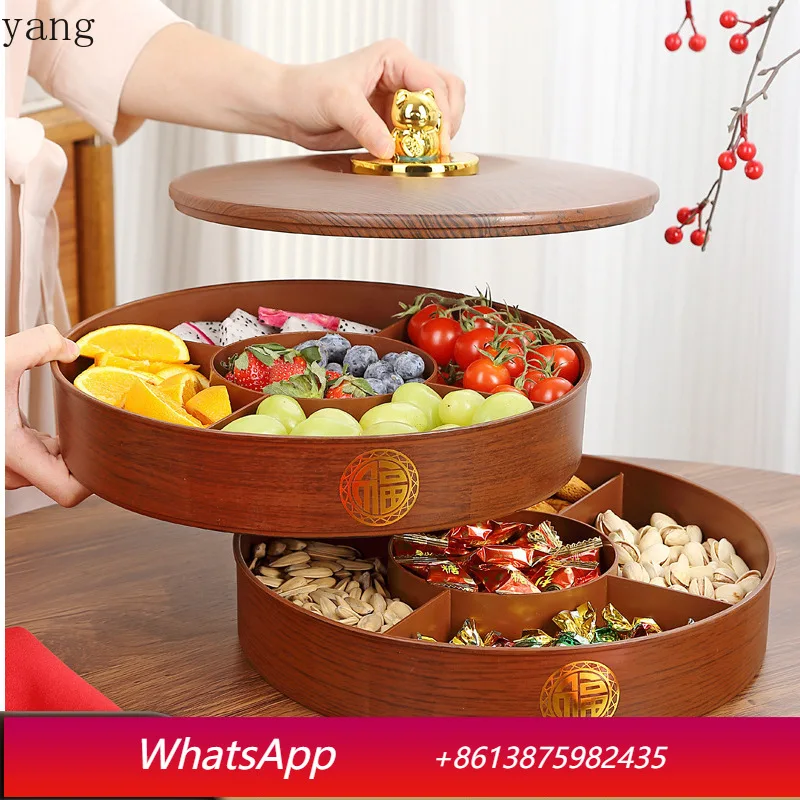 CX New Chinese Wood Grain Fruit Plate with Lid Grid Fruit Plate Snack Box