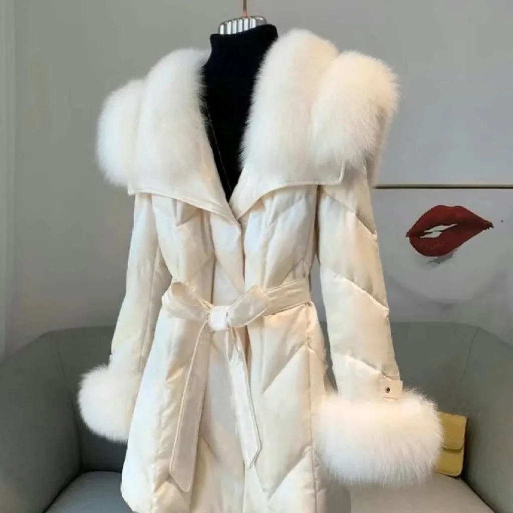 Womens White Duck Down Coat Imitate Fox Fur Collar Female Long Outwear Thick Warm Parkas Fashion New Winter Jacket