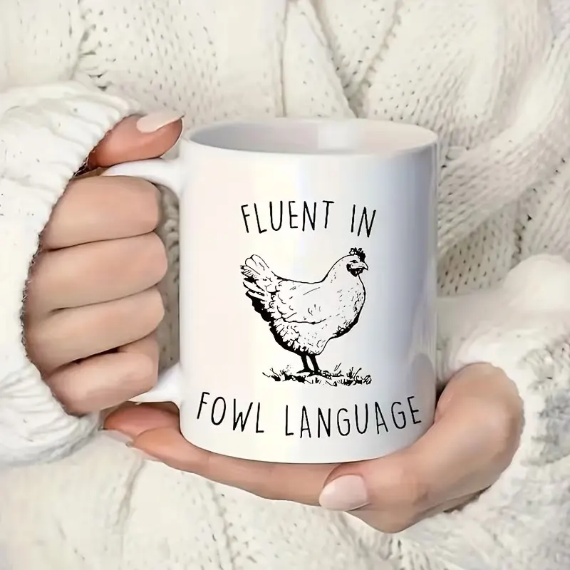 Fluent Poultry Language Chicken Mug, Double-Sided Ceramic Coffee Mug, Hot or Cold White Tea Mug, Crazy Chicken Lady, Funny Chicken-Themed Gift, Chicken Dad, Chicken Mom, Farmer Rural Girl Coffee