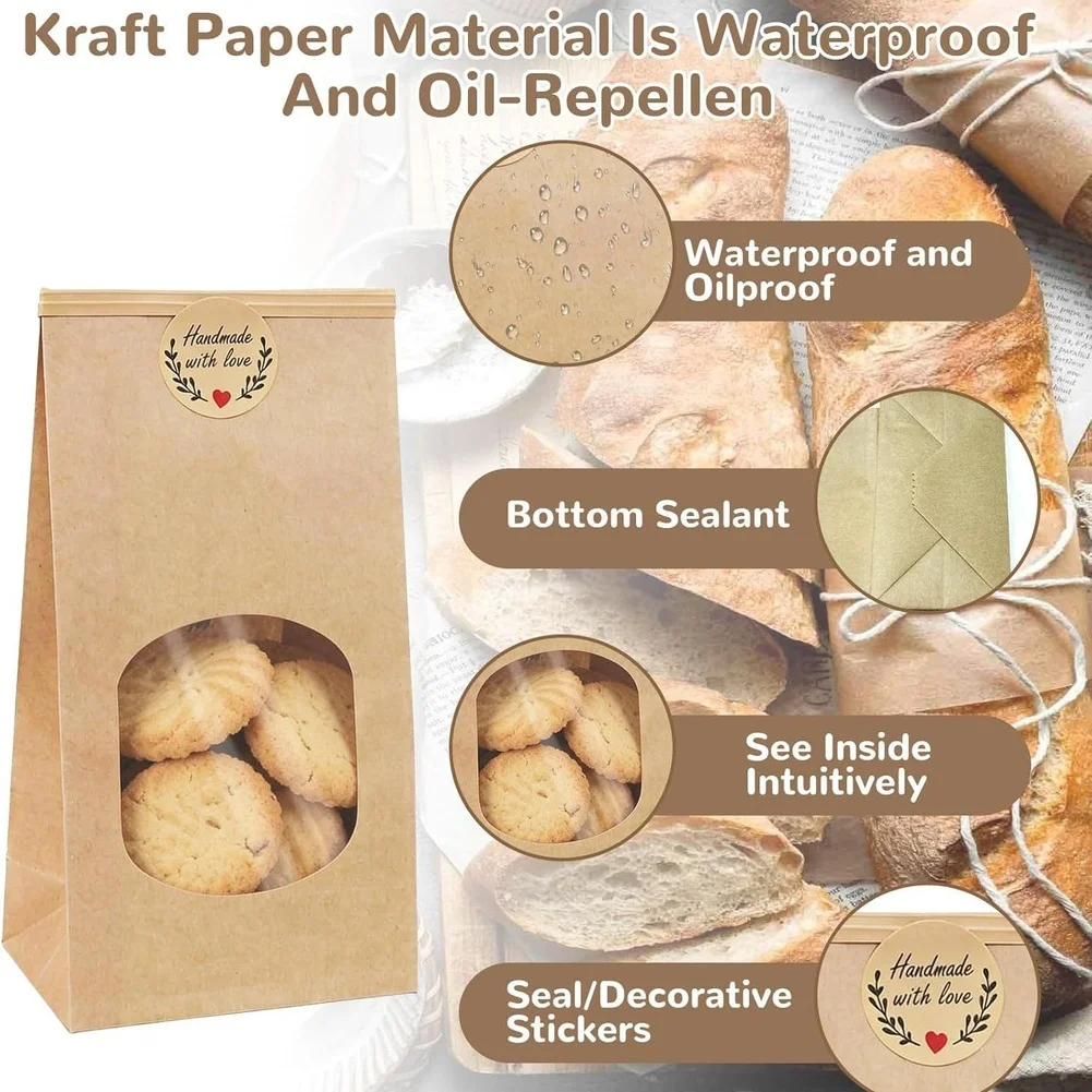 32 Count Paper Bread Bags with See Through Window and Rolled Edge Construction for Bakery Style Food Storage Use