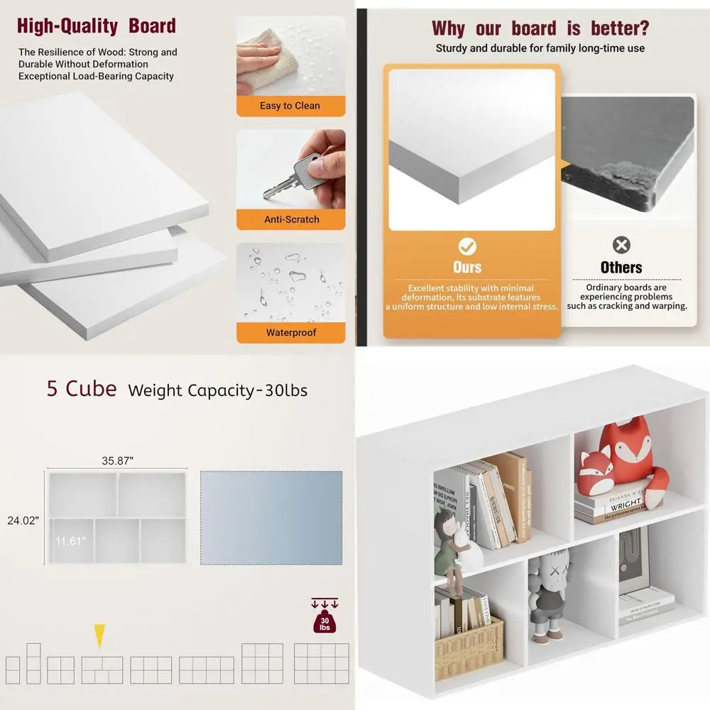 

11 Cube Wooden Bookshelf - Stackable Storage, 5-Cube, White, Multi-Purpose Room Divider for Living & Office Spaces
