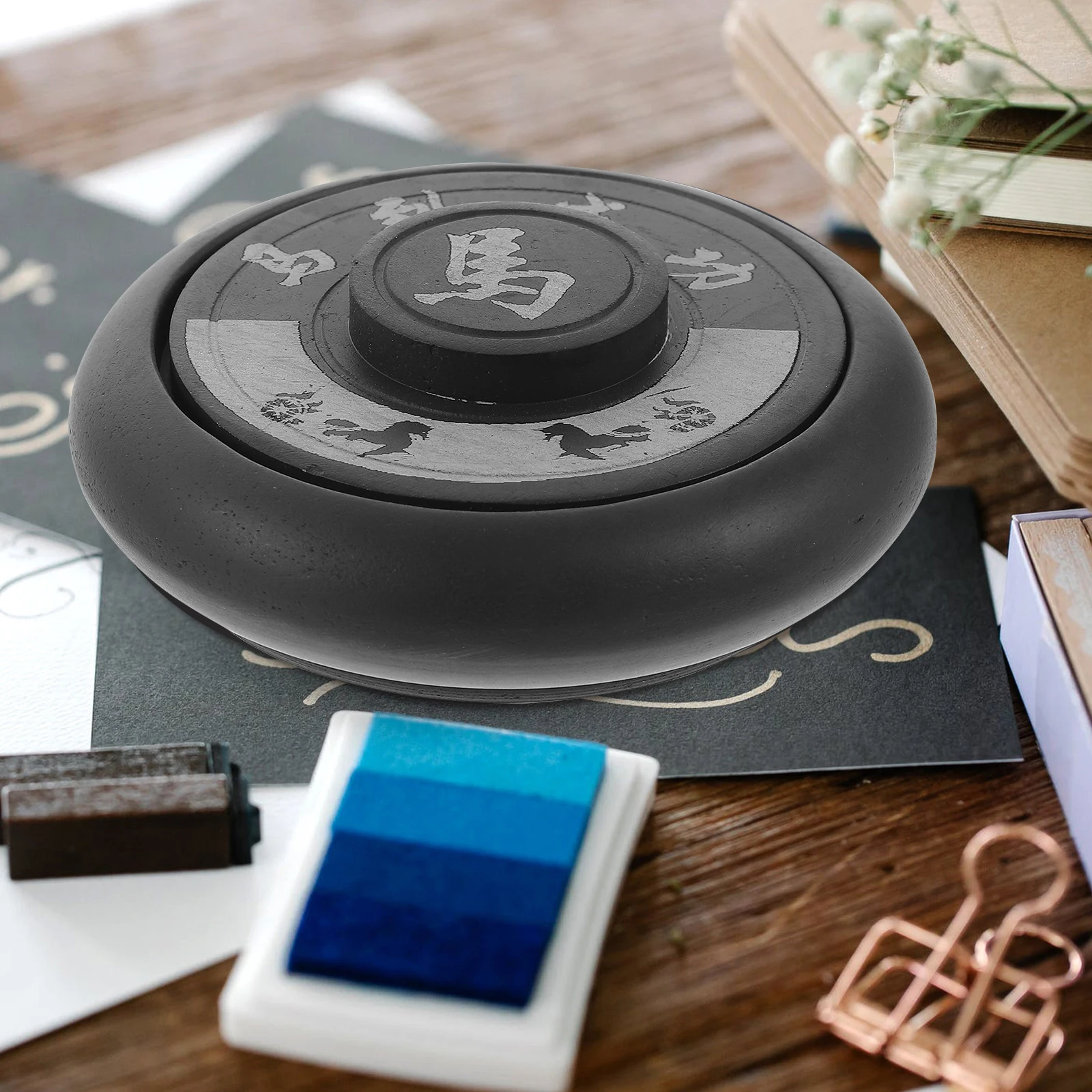 Student Chinese Inkstone Dragon Pattern Round Lid Traditional Calligraphy Accessory 4 Inch Ink Grinding Supplies Portable