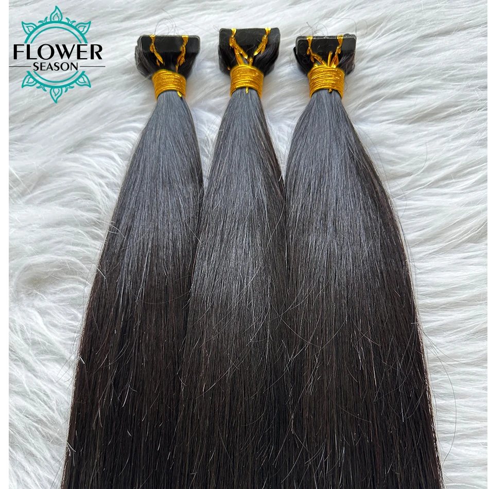 Plester lurus dalam ekstensi rambut manusia 100% lem perekat pakan kulit Remy pada pita dalam rambut untuk wanita 40 buah/set warna alami