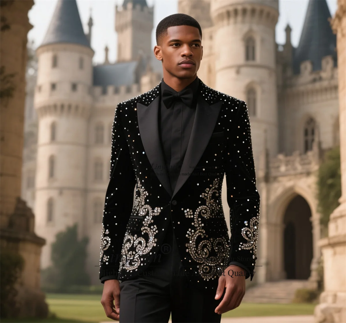 

High End Stone Crystals Tuxedos Men Suits Customized Slim Costume Homme 2 Pieces Sets Handsome Groom Wedding Party Ropa Blazer