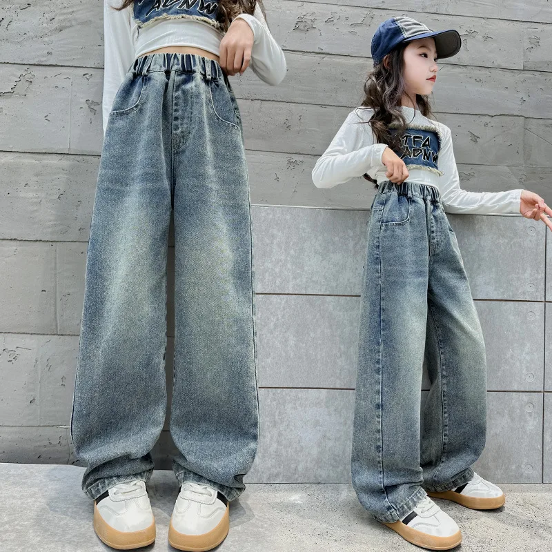 Girl\'s Denim Wide Leg Pants Spring and Autumn Jeans 2024 New Trendy Stylish Children\'s loose Pockets Slimming Straight leg Pants