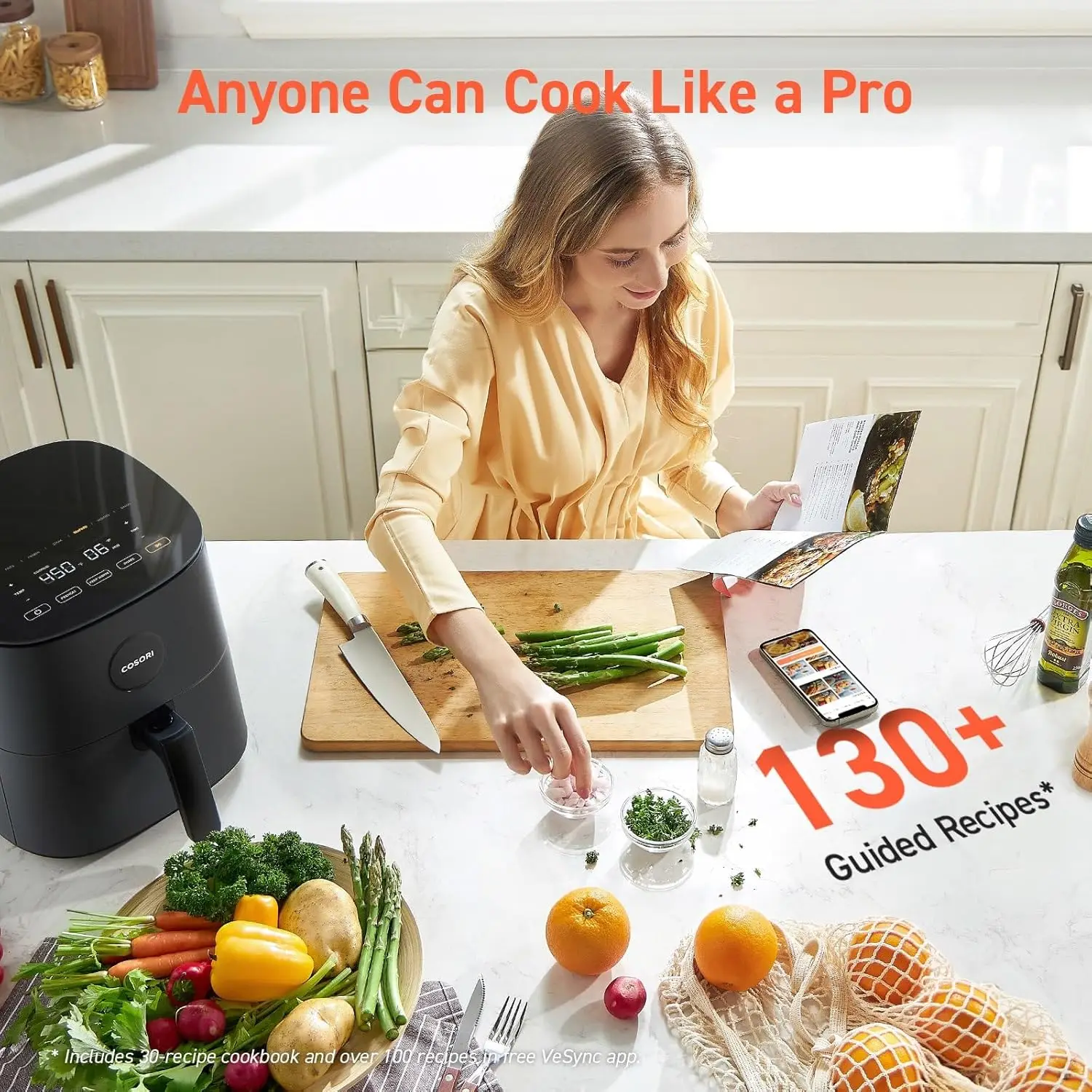 COSORI-freidora de aire compacta 5 Qt, Max 450F para carne jugosa, 9 en 1 con más de 130 datos nutritivos incluidos en la aplicación y recetas de papel