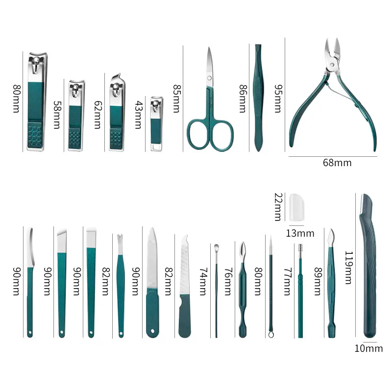 매니큐어 세트, 스테인레스 스틸 네일 커터, 손톱 클리퍼 트리머, 눈썹 가위, 트위저 이어 스푼, 페이셜 카, 7 개, 10 개, 12 개, 18 개