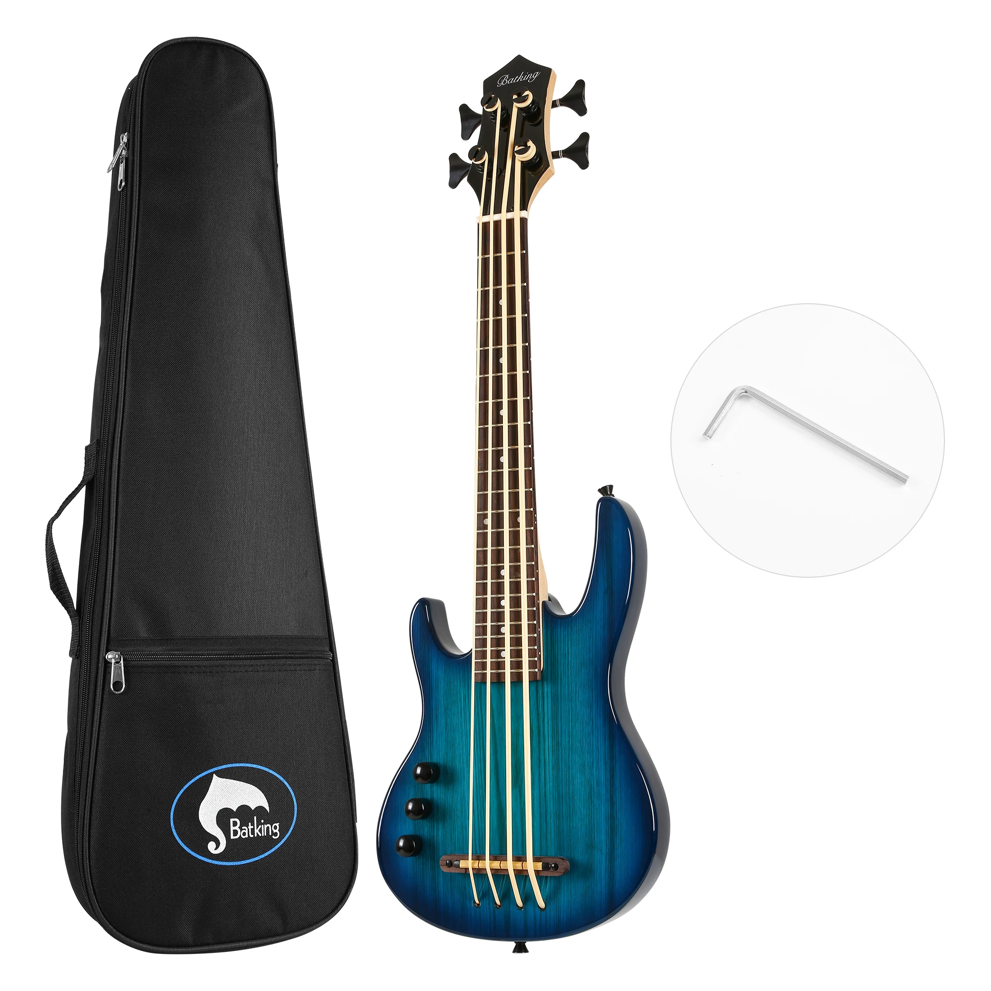 Batking Uku bass Fretted 4 String Electric Ukulele Bass, Through Neck Ukelele Bass with Gig bag.