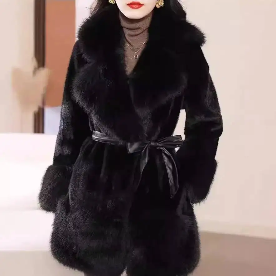 Elegant Simplistic Women's Faux Fur Mink Eco-Friendly Long Sleeve Mid-Length Fashionable Winter Outerwear Coat