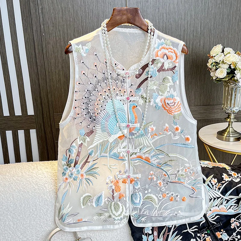 High-Quality Spring/Summer New Chinese Style Single Breasted Embroidered Phoenix Organza Silk Lady Hanfu Vest S-XXL