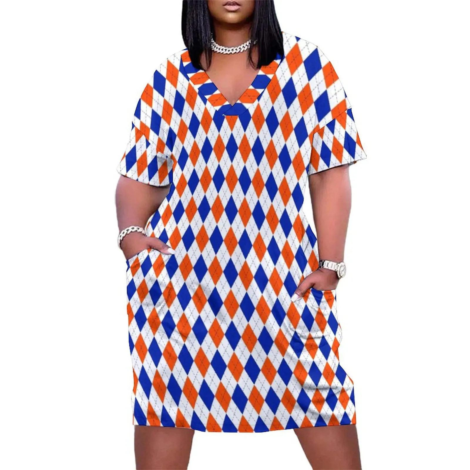 

Orange and Blue Traditional Argyle All Over Print Loose Pocket Dress evening dress women long dresses festival outfit women