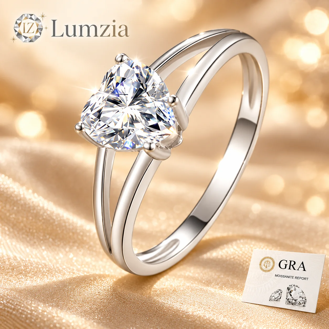 5A Cubic Zirconia Heart Ring D Color 7mm Split Shank Plated Copper K White 14K Golden Gift for Women
