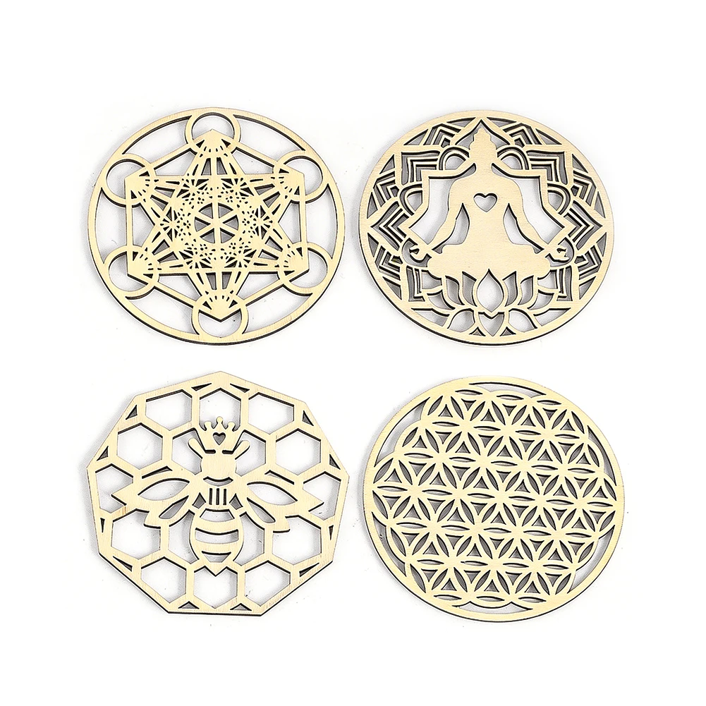 Premium Natural Wood Sacred Geometry Coaster Flower of Life Metatron Cube Yoga Bee Home Decor Meditation Gift