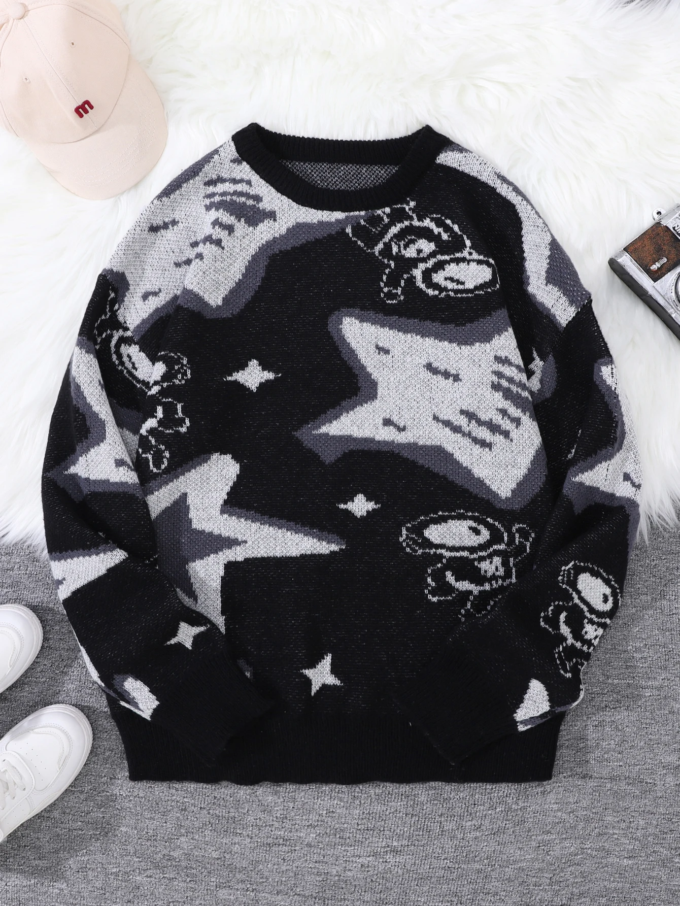 

New Trendy Spring and Autumn Astronaut Reaching for the Stars Jacquard Pattern Pullover Sweater, Casual Round-Neck Color-Block Knit Men's Pullover, Suitable for Everyday Wear, Unisex Top for Going Out, Regular Fit, Suitable for Autumn and Winter Seasons