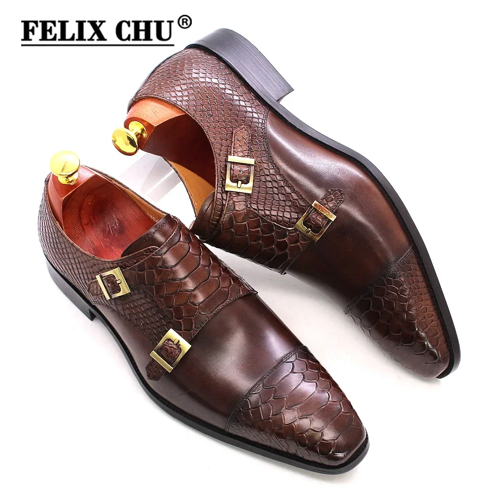 Size 39 to 46 Mens Dress Shoes Genuine Leather Double Buckle Monk Strap Men Shoes Snake Print Cap Toe Classic Italian Shoes