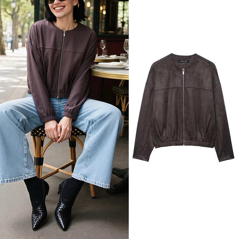 

2025 New Women Casual Jacket Zippered Front Faux Suede Jacket Casual Fashion Outfit Women Autumn Layering Jacket Top Trafizaran