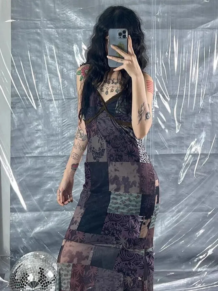 Summer Y2k Aesthetic Long Print Dress Streetwear Vintage Lace Patchwork Women Sexy Dresses Streetwear Slim Waist Grunge Vestidos