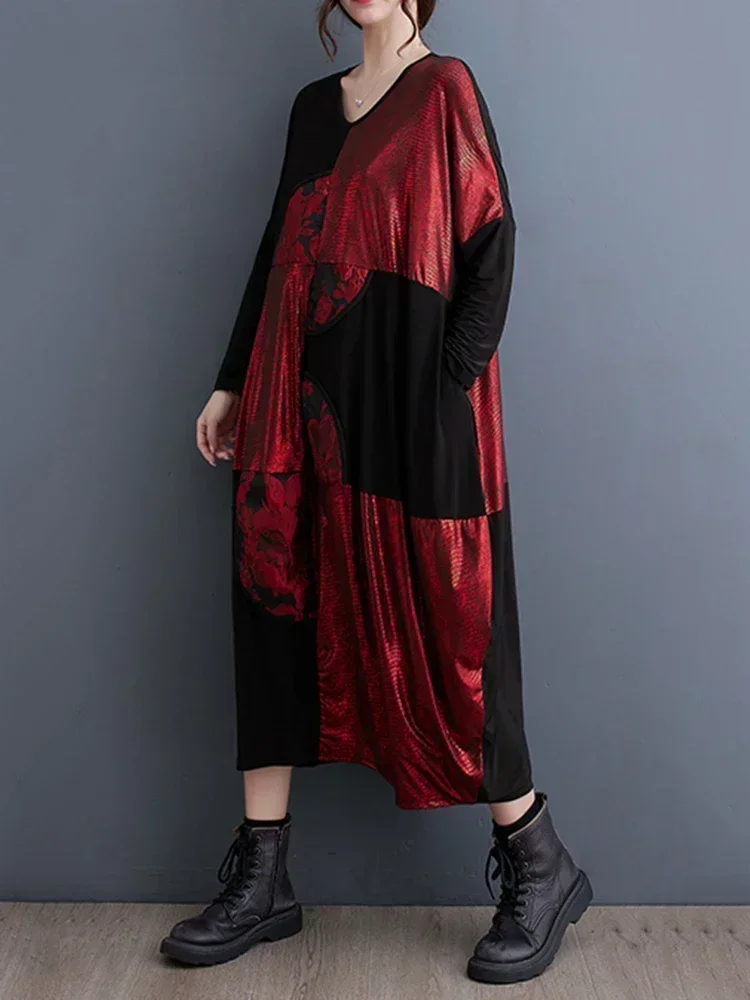 Xitao casual vestido vintage moda assimétrico contraste cor impressão feminina manga longa camiseta vestido 2025 outono novo dmj3102