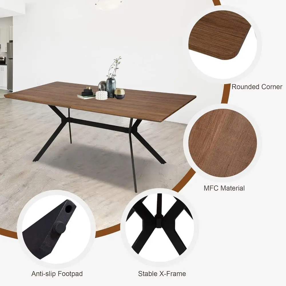 طاولة طعام من خشب الجوز في منتصف القرن، مقاعد 6-8، طراز صناعي بأرجل معدنية #5