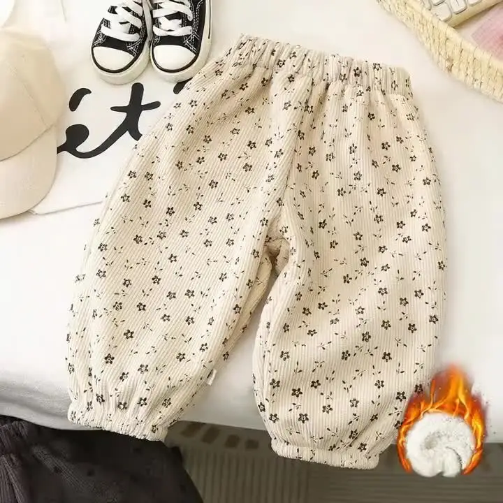 2026 Early Spring Fleece Lined Unisex Kids Pants Printed Toddler Boys Girls Trousers Retro Polka Dot Pattern Children's Clothes