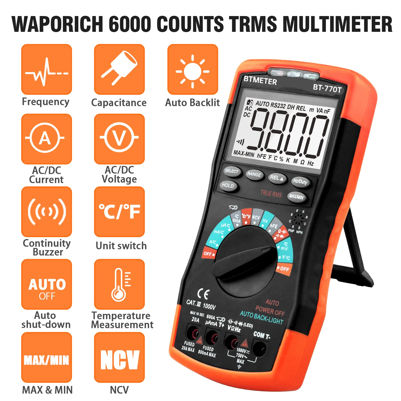 

BTMETER Digital Multimeter True RMS Auto Ranging DMM for AC DC Current 1000V Resistance Capacitance Frequency Electrical Tester