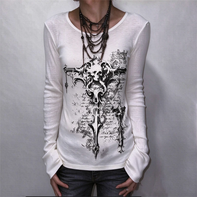 Y2K Long Sleeve T Shirt White Skull Cross Tattoo Graphic Print Ribbed Fitted Gothic Grunge Vintage Dark Aesthetic Top