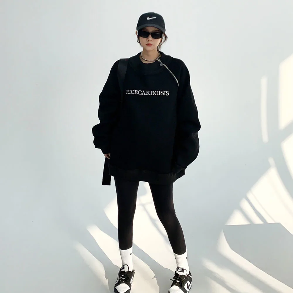 Woman Sweatshirt Letter Print O Neck Drop Shoulder Long Sleeve Hooded Tops Oversize Female Irregular Zipper Trend Loose Pullover