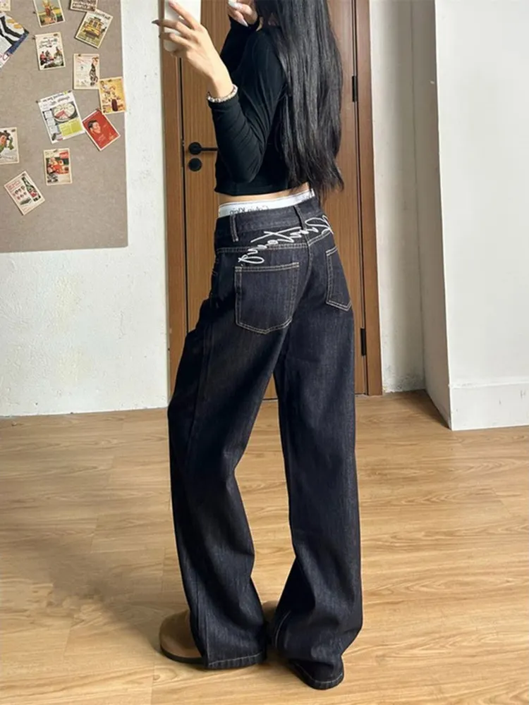 

Extended Length Retro Embroidered Denim Blue Jeans Women's High Waist Straight Loose Floor-Length Trousers Trendy Autumn New ...