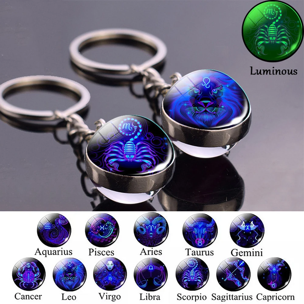 Fashion Leo For Men Double Side Scorpio Luminous Key Rings Glass Ball Keychain 12 Constellation Zodiac Keychain