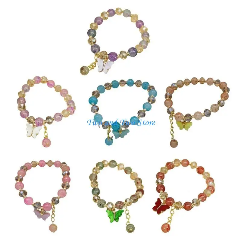 

HX6F Handmade Colorful Crystal Bead Bracelet Butterfly Pendant Beaded Handchain Stylish Elastic Rope Wristchain Accessories