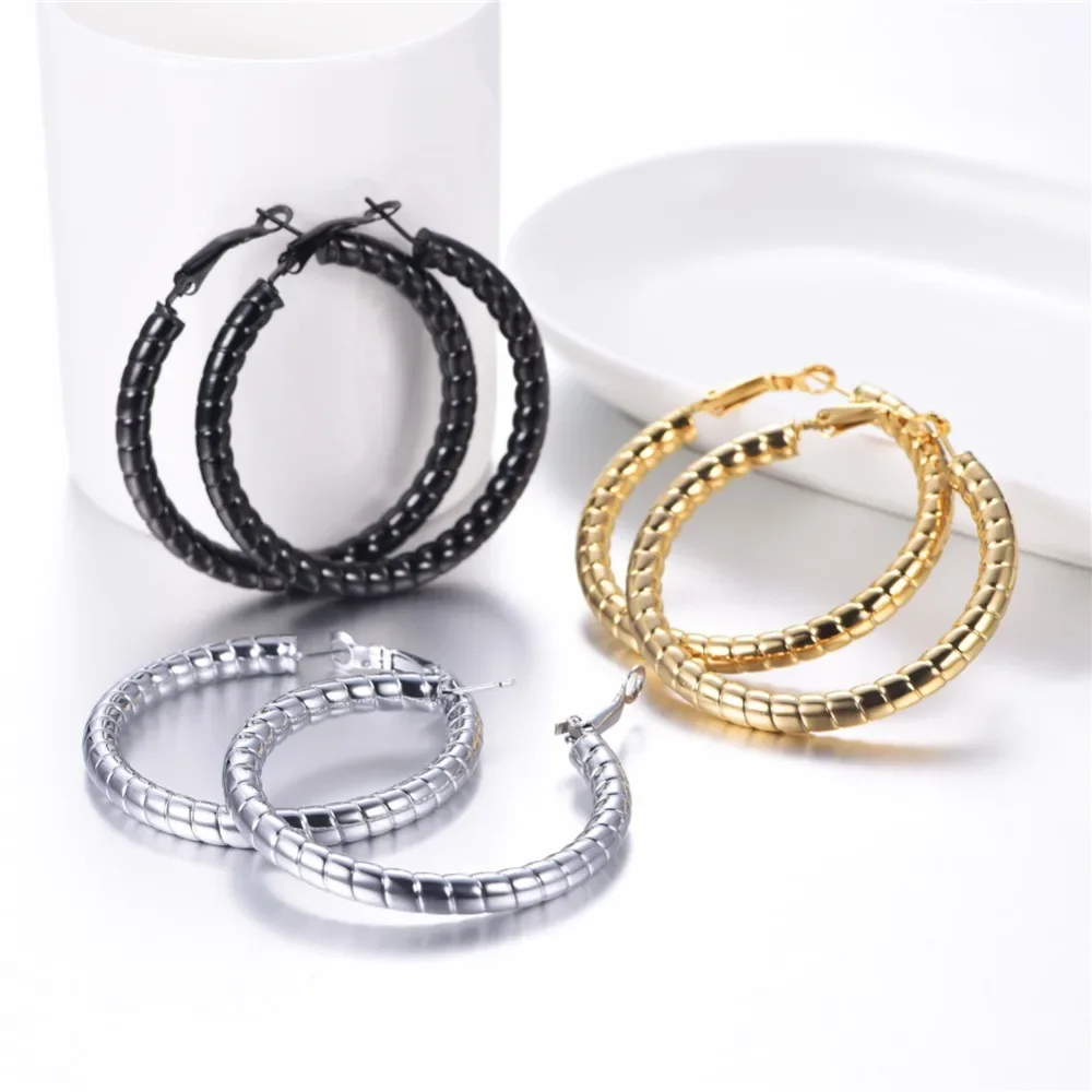 U7 25/40/70mm Round Hoop Earrings for Woman Lines Chain Pattern Hollow Out Circle Three Color Simple Design Female Jewelry QC24