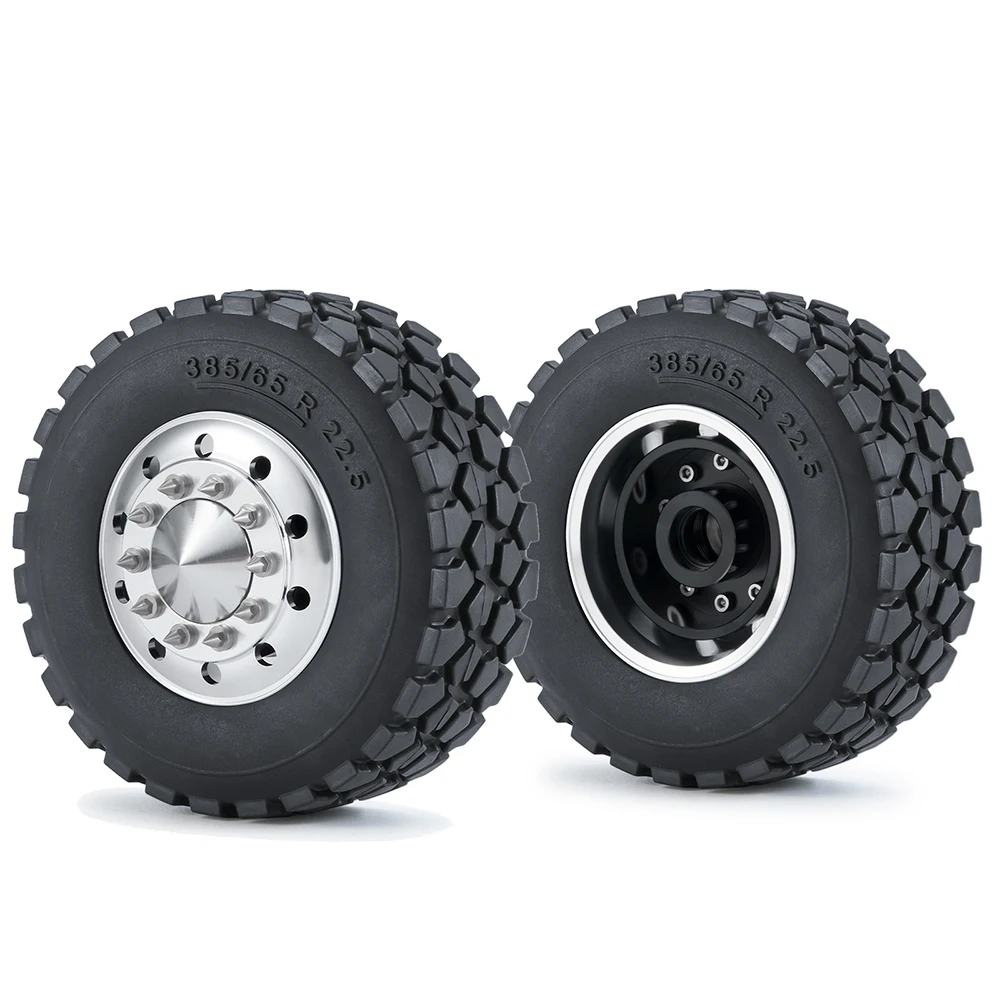 TRINOOD 2PCS Front Wheels Tires Hubs Set for 1/14 Tamiya Tractor Truck Trailer Engineering Long Vehicle Upgrade Parts