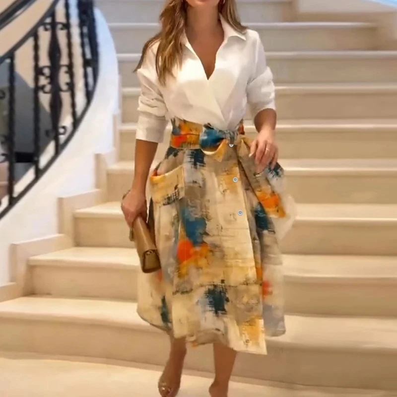 

Lady Casual Long Sleeve Lace Up Dresses Spring New Lapel Spliced Printed Dresses Elegant High Waist Pleated Commute Shirt Dress