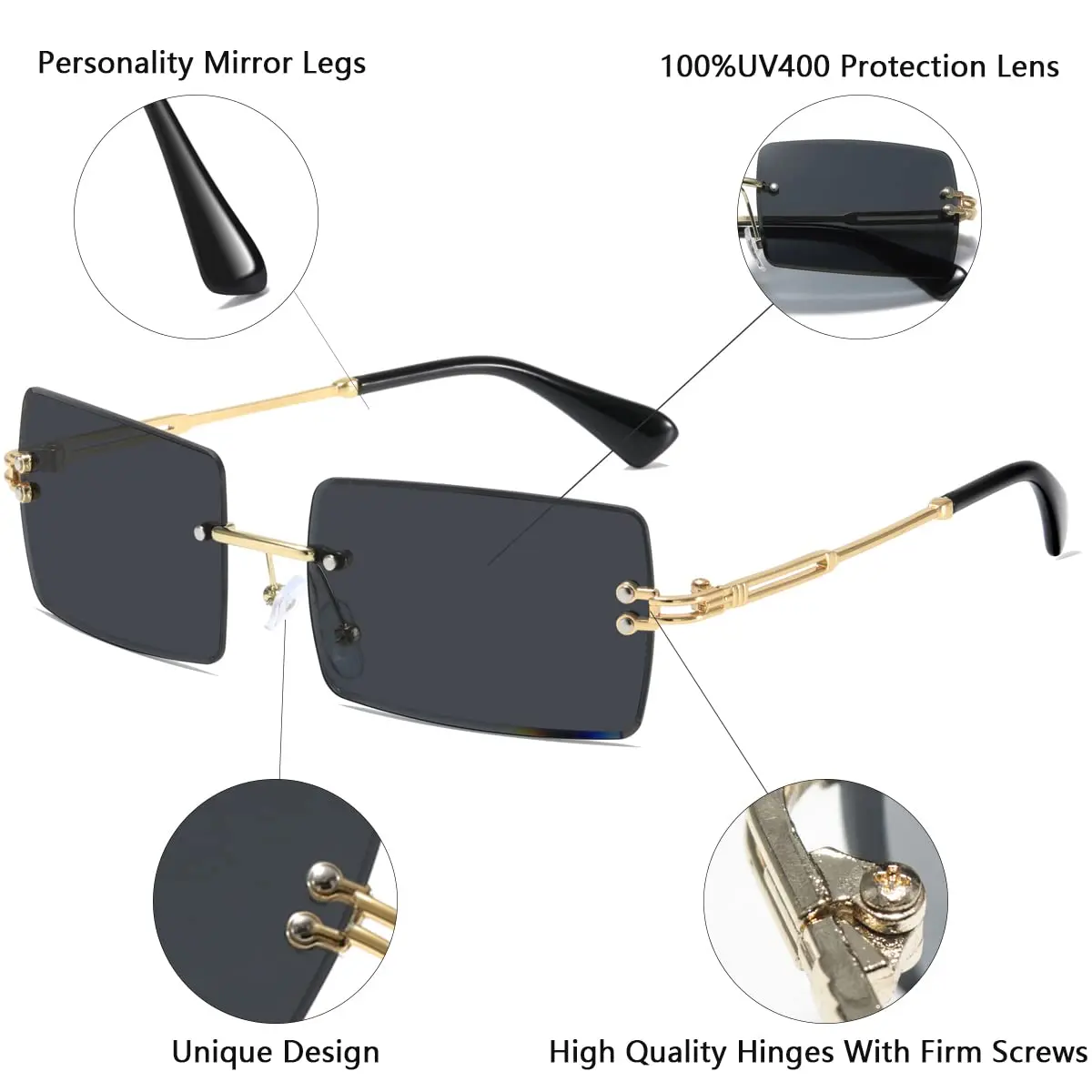 Men's Sunglasses Retro Sunglasses for Men Women Tinted Lens Metal Frame Vintage Rimless Rectangle Glasses UV400 Protection image 5
