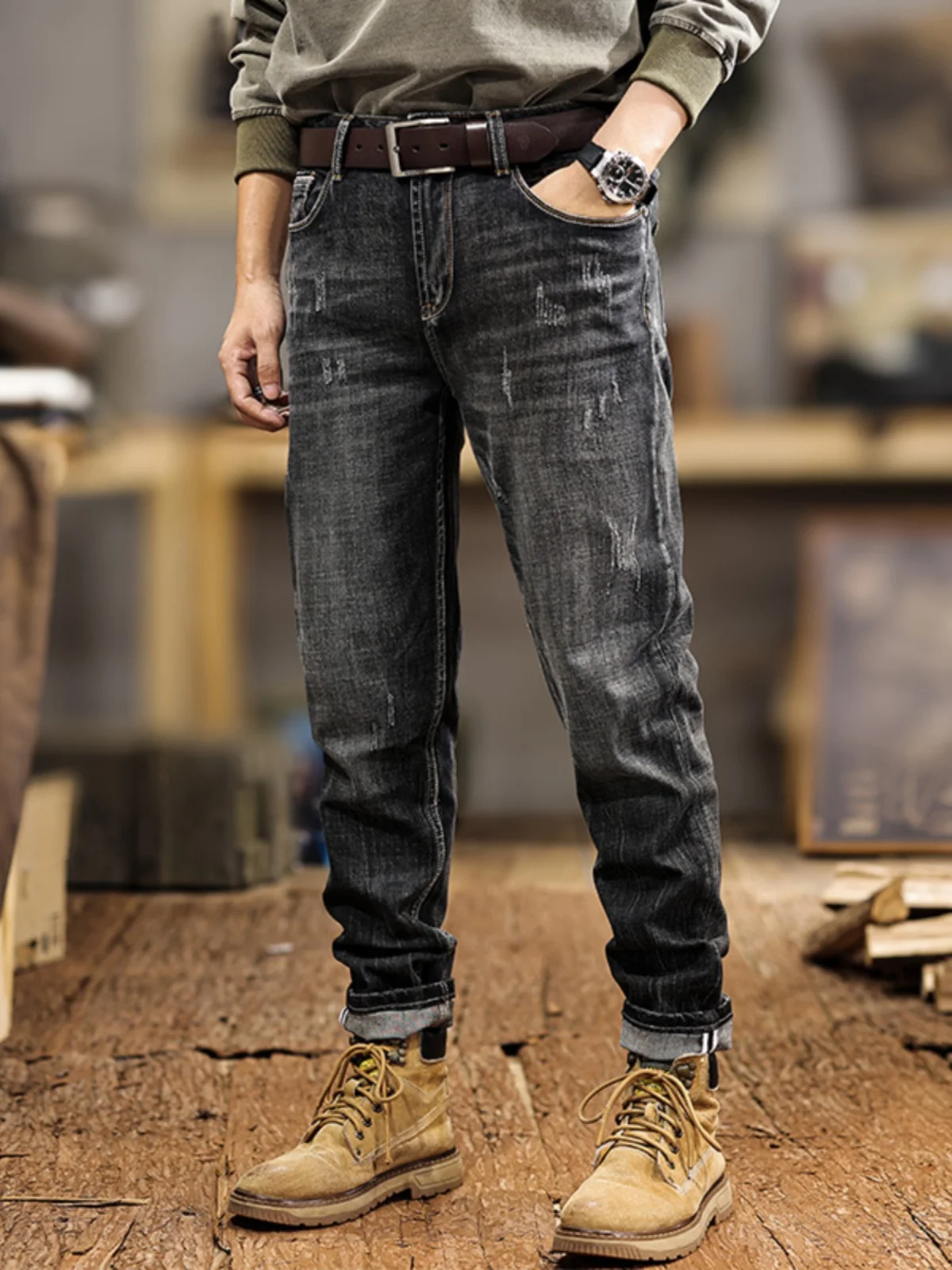 

Мужские джинсы в стиле ретро, модные, приталенные, прямого кроя, с эластичным поясом, черные, в американском стиле, повседневные, длинные, весенне-осенние, из хлопка, стрейч.