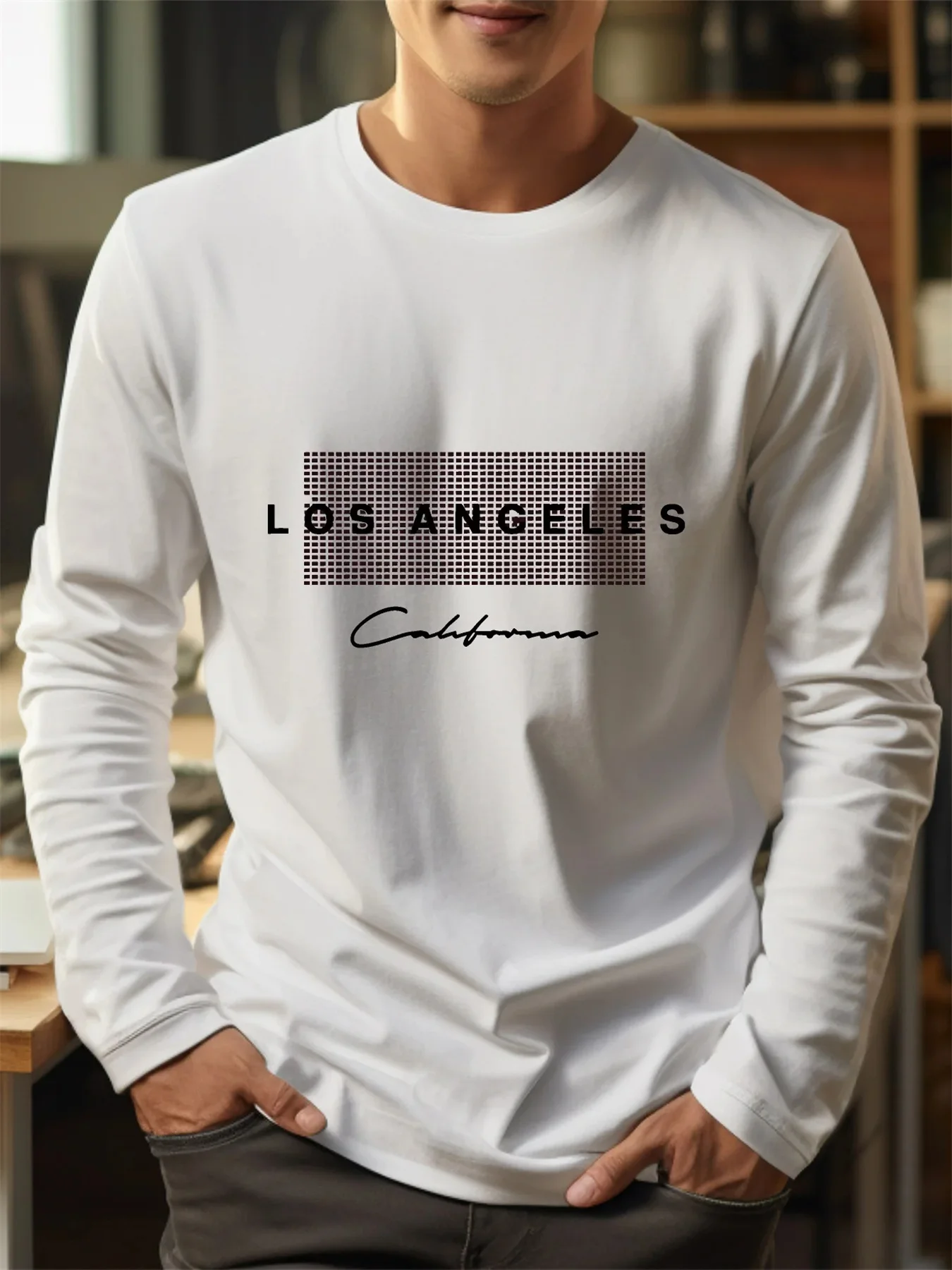 100% pure cotton men's long sleeved round neck loose casual Los Angeles letter printed spring and autumn versatile T-shirt top