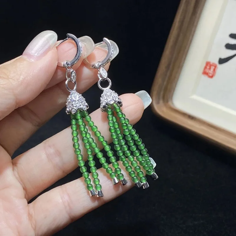 High-End Natural Grade A Jadeite S925 Silver Inlaid Rhinestone Tassel Style Earrings For Women Jewelry Gifts (With Certificate)