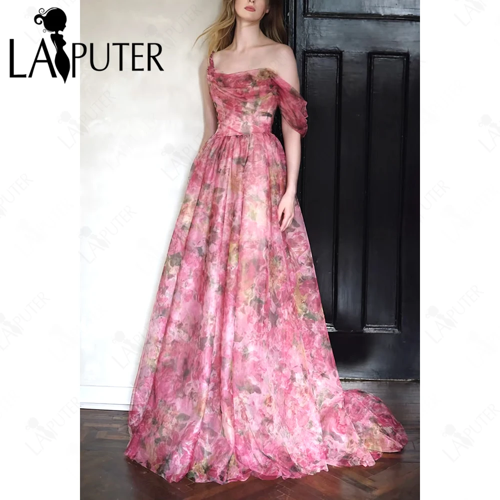 طباعة الأورجانزا الوردي الأزهار فستان الحفلة الراقصة ألف خط قبالة الكتف Ruched ثوب مسائي صندوق الطية ألف خط الجنية فتاة فستان رسمي 2025 #6