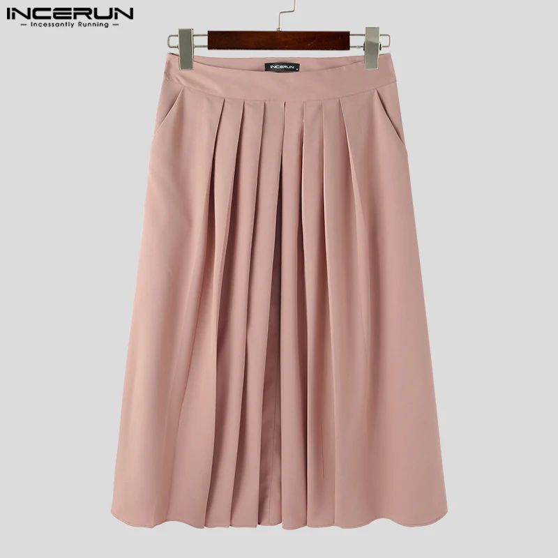 2023 Men Skirts Pleated Solid Color Loose Zipper Male Bottoms Pockets Streetwear Fashion Wide Leg Trousers Men S-5XL INCERUN