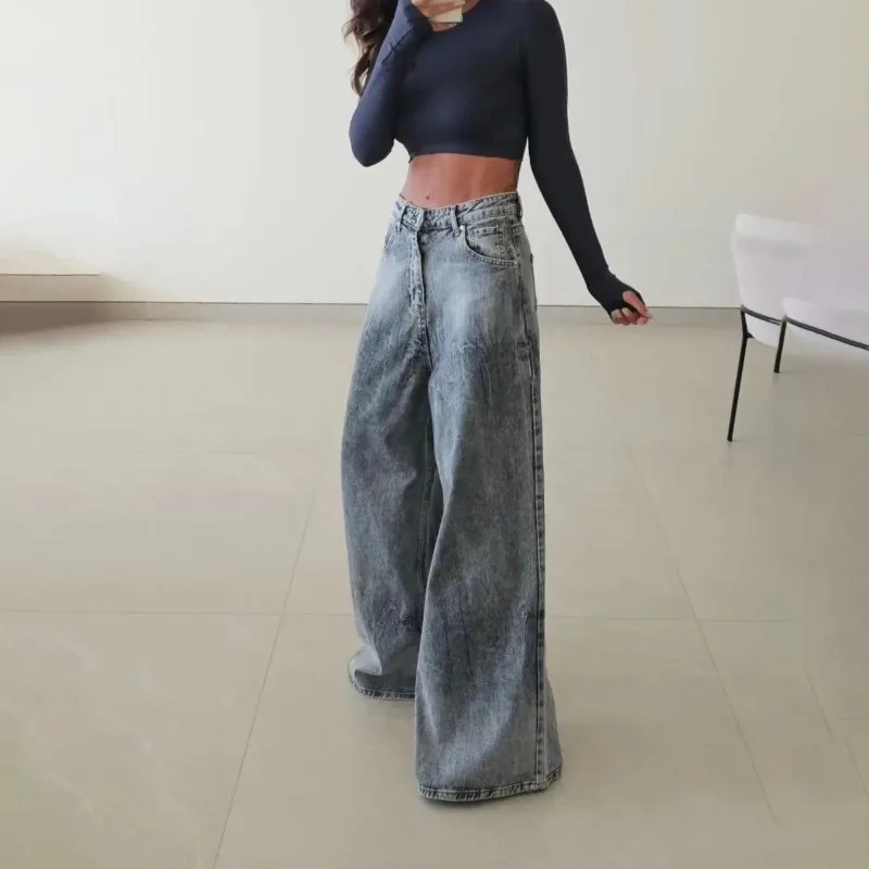 

Street Smoke Pipe Flared Pants Low Waist Wide Leg Loose Jeans