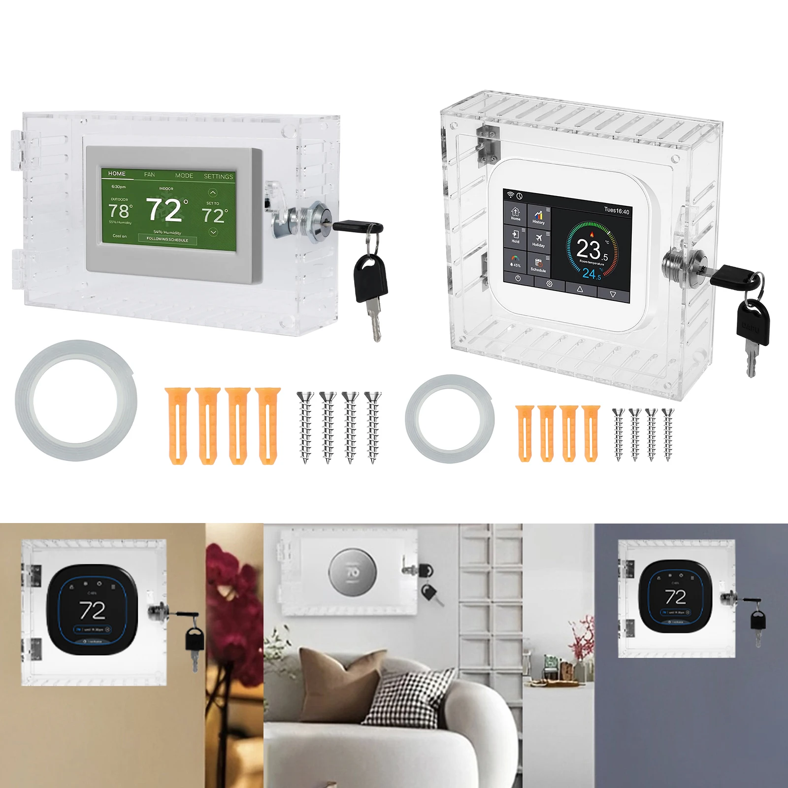 Universal Thermostat Lock Box with 2 Keys Clear Thermostat Cover Acrylic Thermostat Guard AC Lock Box for Thermostat On Wall
