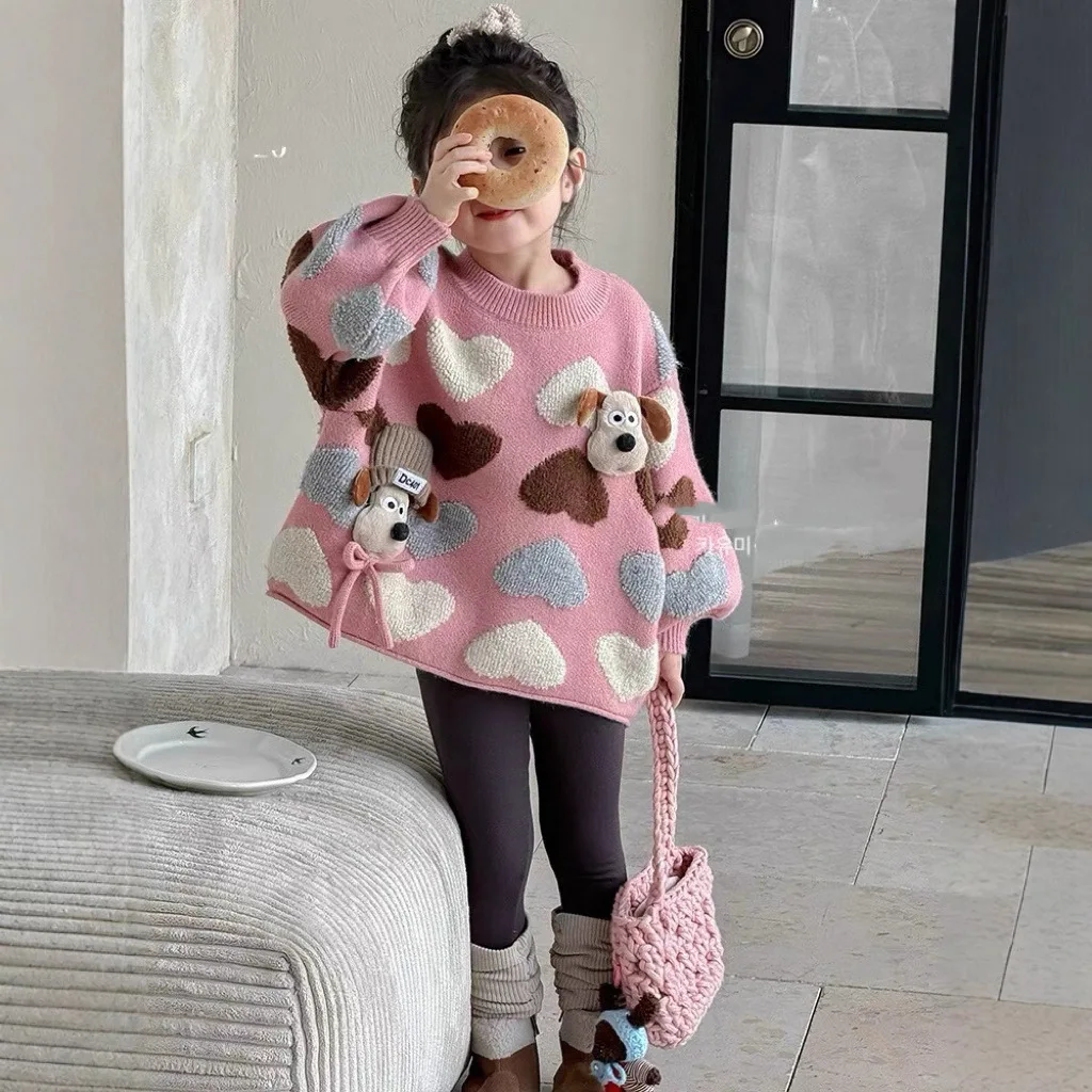 

Свитер для маленьких девочек, осенне-зимняя шерстяная вязаная детская одежда, пуловер с нашивкой в форме сердца для собак, От 2 до 12 лет