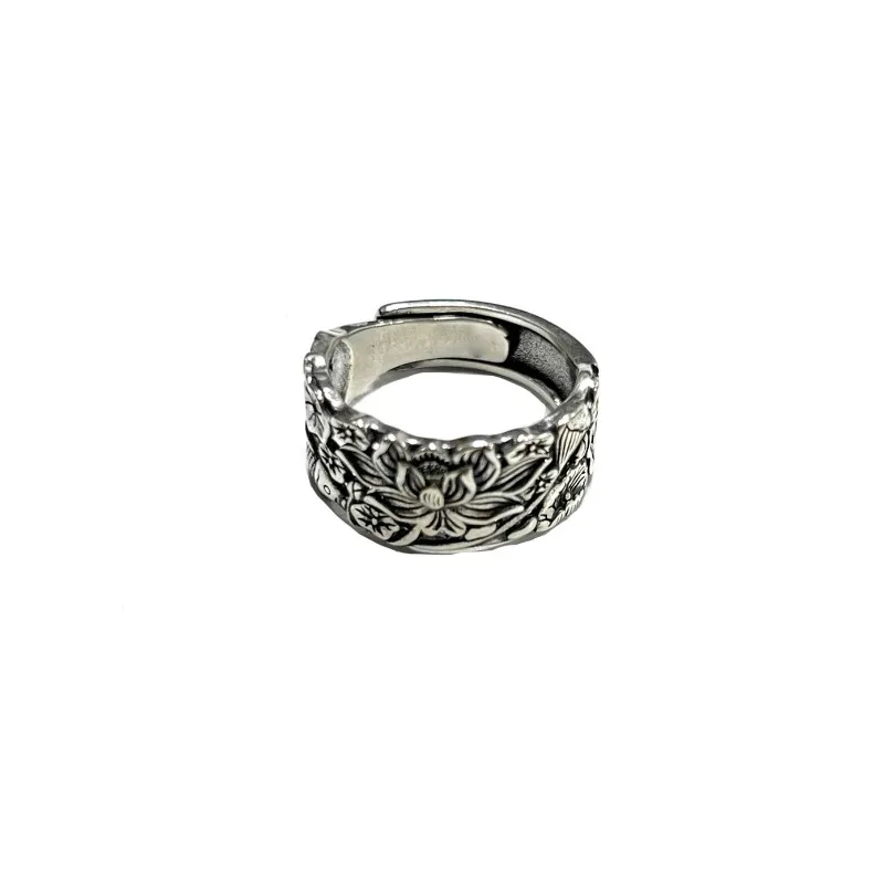 الرجعية القديمة الفضة لوتس حلقة مفتوحة المرأة خمر خمر الأزياء الخفيفة الفاخرة الراقية حلقة قابل للتعديل