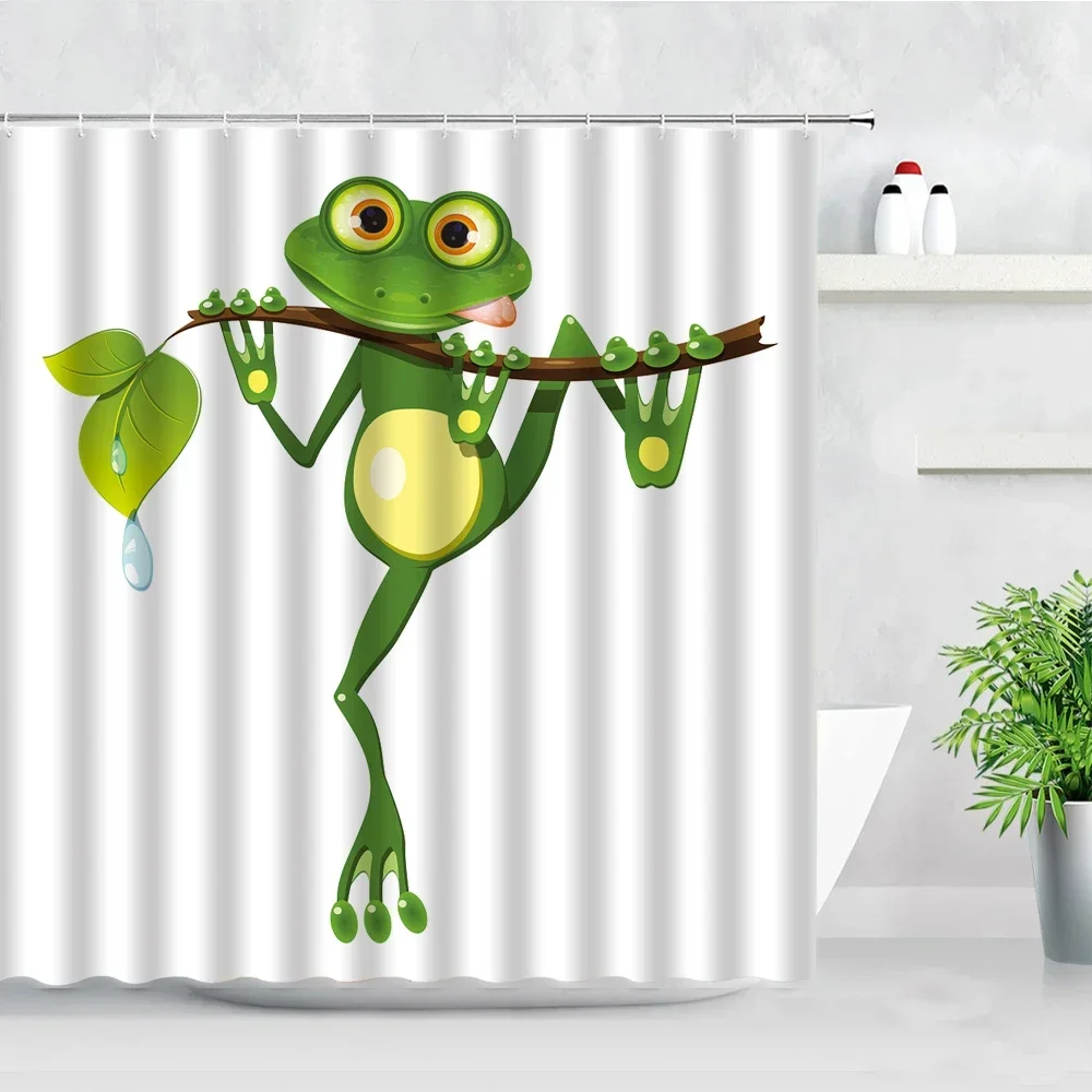 

Funny Frog Cartoon Shower Curtain Sets Leaf Animal Creative Children Bathroom Decor Waterproof Fabric Home Hooks Bath Curtains